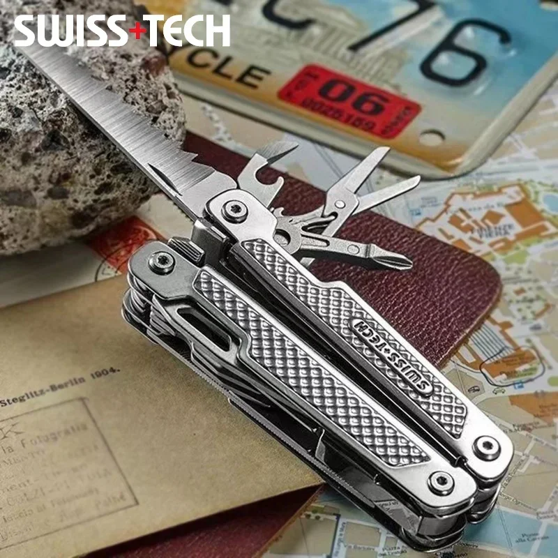 SWISS TECH 15-in-1-Multitool, Klappzange, Multifunktions-EDC-Werkzeug, Taschenmesser, Schere, Camping, Outdoor, Reparaturwerkzeuge Image