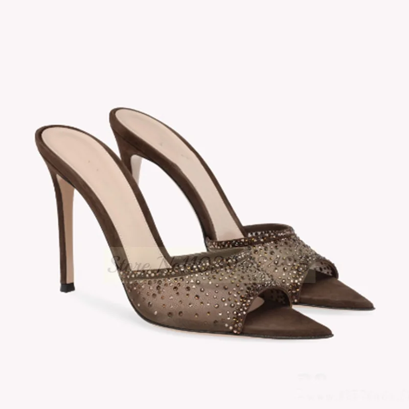 Mesh Strass Braun Heels Spitzschuh Kristall Hausschuhe Dünne High Heel Frauen Luxus Designer Elegante Slip Auf Moderne Schuhe