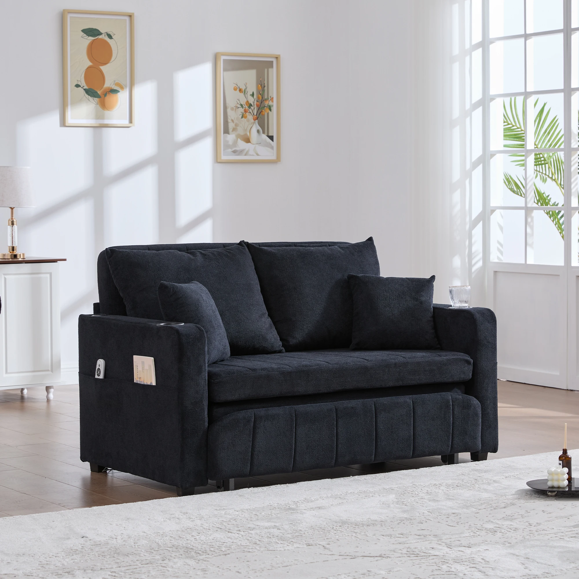 Sofa Stoffsofa Klappbares Ausziehsofa Kleines Wohnzimmersofa mit zwei Funktionen Abnehmbar und waschbar Mit Aufbewahrungstasche Mit USB-Ladefunktion Mit Becherhalte Image