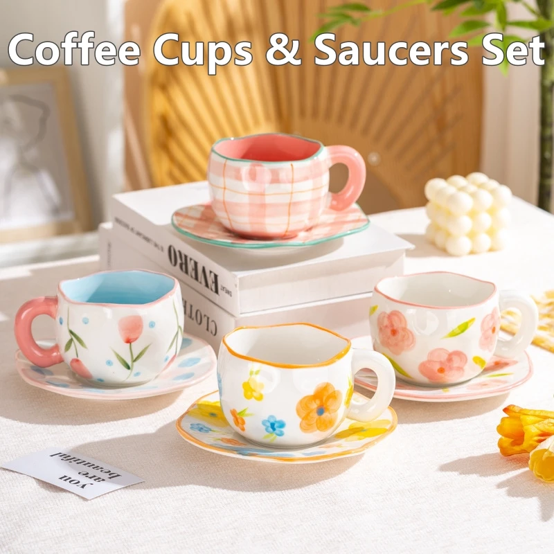 Keramikbecher und Untertassen-Set, Kaffeetassen, handgekneidet, unregelmäßige Blume, Milch, Teetasse, Ins-Stil, Haferflocken, Frühstückstasse, Trinkgeschirr Image