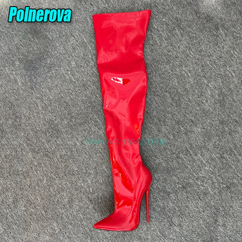 Sexy Overknee-Stiefel aus Lackleder für Damen, solide spitze Zehen, seitlicher Reißverschluss, 16 cm, High Heels, lange Stiefel, Party-Laufsteg-Schuhe