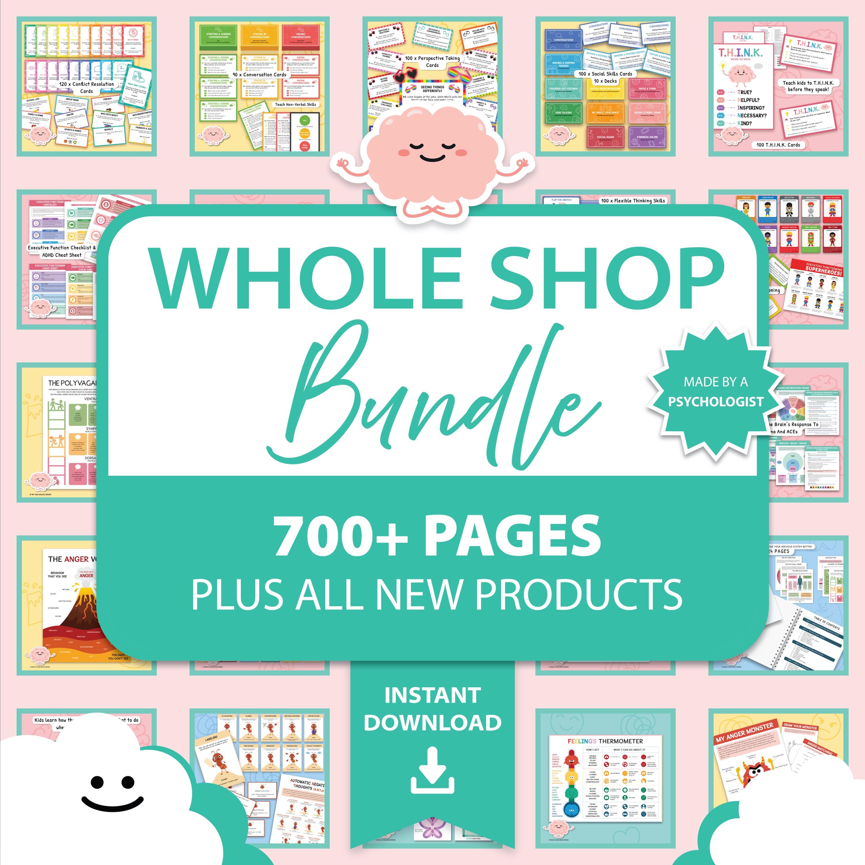 Mega Bundle completo per negozio, ADHD, ansia, rabbia, abilità sociali, trauma, terapia cognitivo-comportamentale, fogli di lavoro per la terapia, arr