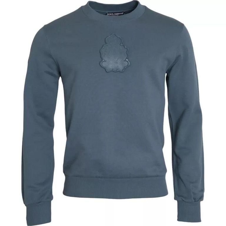 Blue Cotton Logo Patch Crew Neck Men Pullover Sweater - Blue - Dolce & Gabbana Knitwear