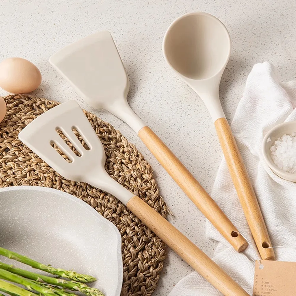 Ustensiles de cuisine antiadhésifs avec manche en bois, outils de cuisine en silicone, spatule, pelle, cuillère, ustensiles de cuisine, gadget, accessoires