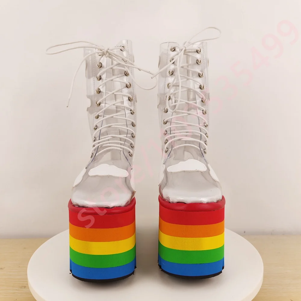 Regenbogen Dicke Sohle Klar PVC Kurze Stiefel 2025, Neue Runde Keilabsatz Straße Punk Kreuz-Spitze Bühne Stiefel Mode Party Casual Stiefel Image