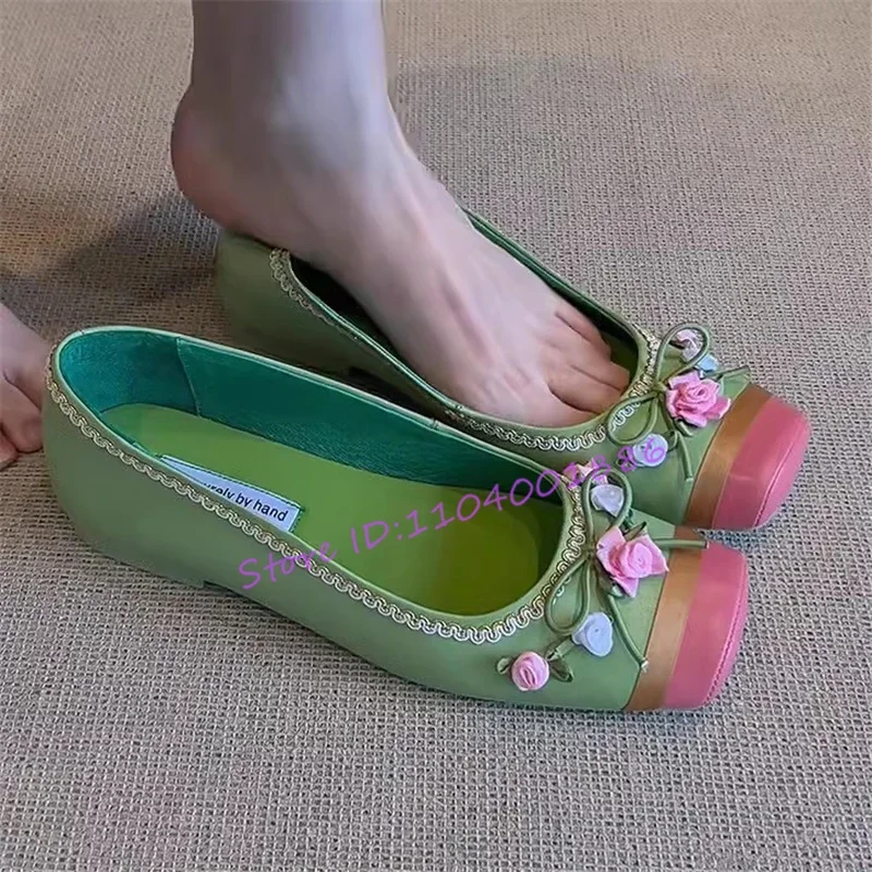 Süße Blume Dekor Ballerinas Frauen Pumpen Rosa Grün Gemischte Farbe Karree 5CM High Heels Frühling Sommer Täglichen Casual schuhe