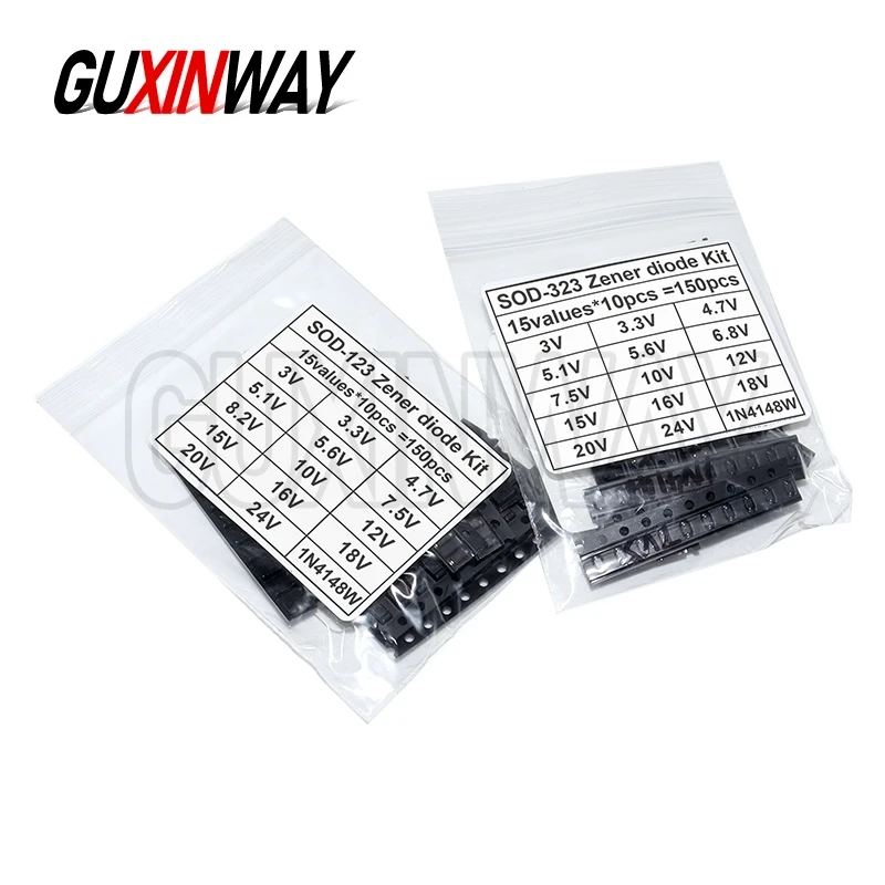 150 Stück SOD-123 1206 SOD-323 15 Werte Zenerdioden-Kit 0,5 W Zenerdiode SMD-Gehäuse 15 Werte * 10 Stück 3 V 3,3 V 4,7 V 5,1 V 5,6 V 7,5 V Image
