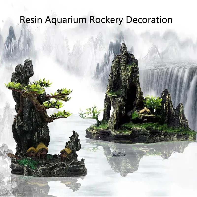 Harz Aquarium Steingarten Berg Dekoration Künstliche Ansicht Felsen Höhle Stein Baum Aquarium Ornament Aquarium Dekor Hause Neue Image