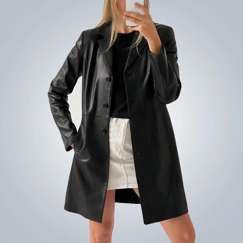 Trench in vera pelle nera da donna, vintage, fatto a mano, anni '90, classico cappotto lungo in vera pelle, trench in vera pelle, regalo per lei.