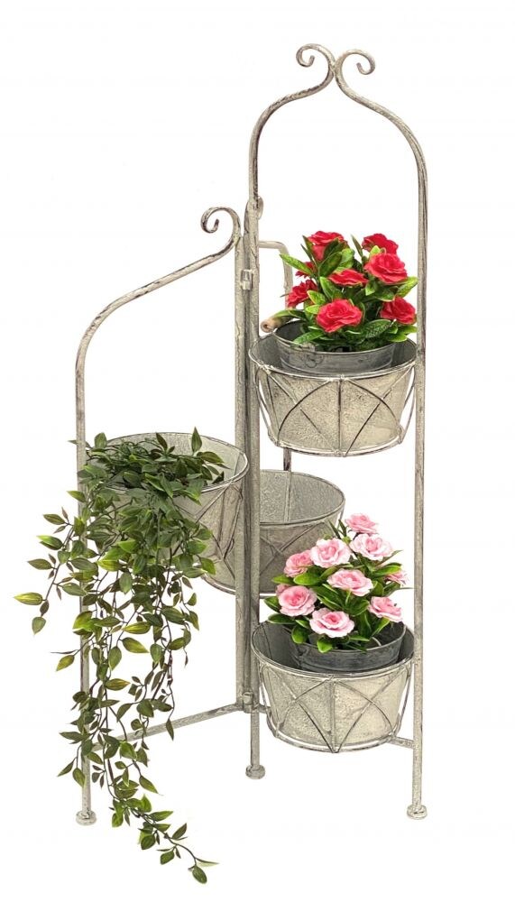 DanDiBo Blumentreppe Innen Metall Weiß Grau 100 cm Blumenständer mit 4 Töpfe 96128 Blumenständer Blumensäule Pflanzenständer Balkon Vintage Image
