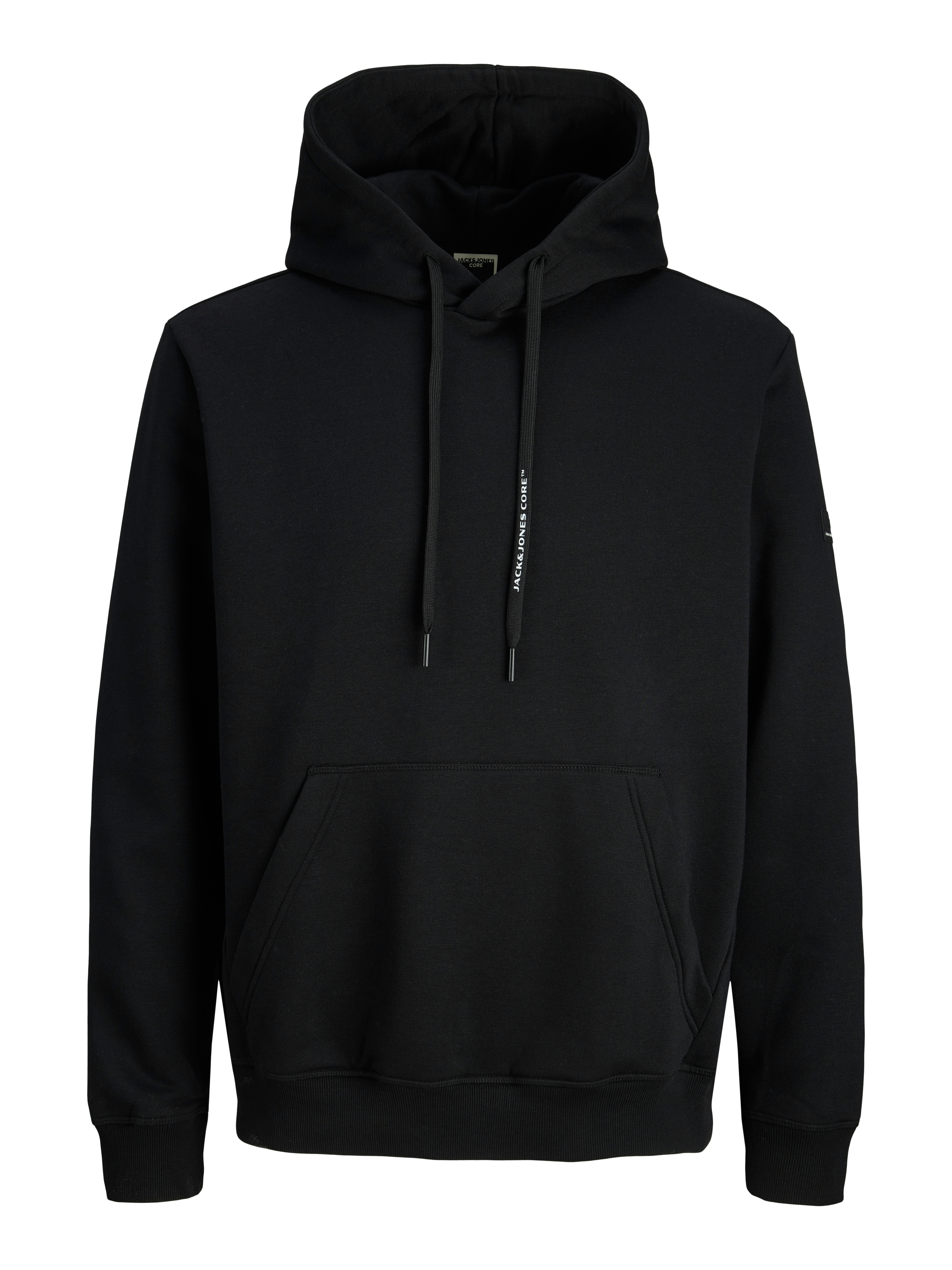 Kapuzensweatshirt JACK & JONES "JCOFUSION SWEAT BADGE HOOD", Herren, Gr. L, schwarz, angeraute Sweatware, Obermaterial: 52% Polyester, 48% Baumwolle, unifarben, relaxed fit normal, ohne Ausschnitt, Sweatshirts