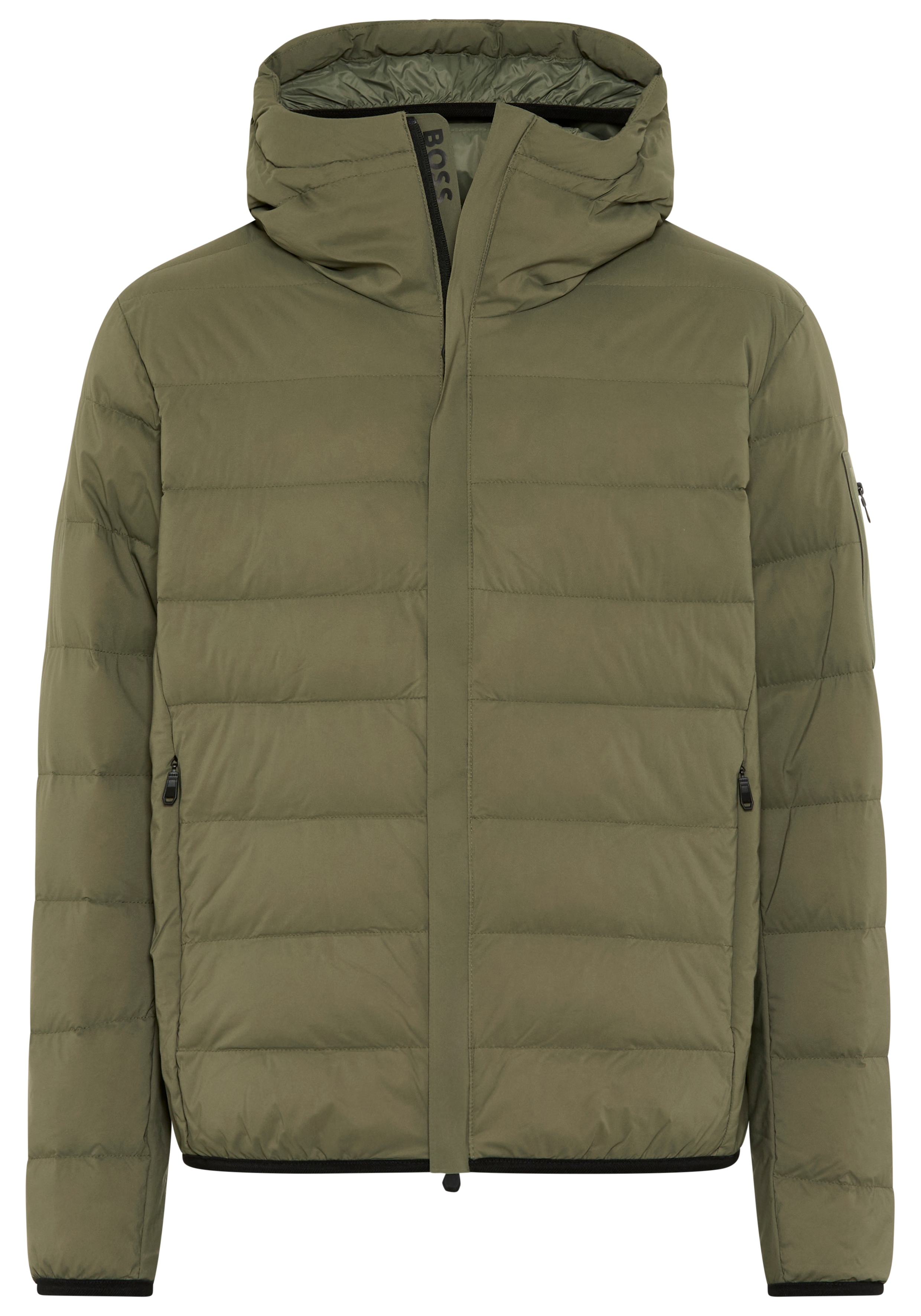 Daunenjacke BOSS GREEN "OW Riplite JT HD", Herren, Gr. XL, schwarz beige257, Web, Obermaterial: 100% Polyamid, regular fit normal, hoch geschlossener Ausschnitt, elastischer Bund, Jacken Daunenjacke, abenehmbare Kapuze wasserabweisend regular fit,...