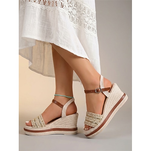 Schwarze und goldene Espadrille-Keilsandalen für Damen – im Boho-Stil, bequeme Plateau-Sandalen mit offener Zehenpartie für Strandresorts und Sommerreisen Image