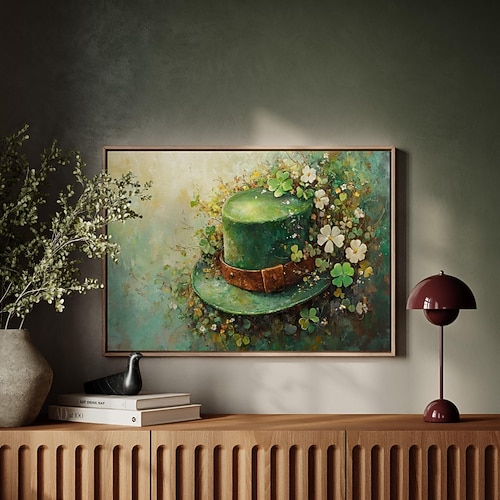 St. Patrick's Day Schafposter, vierblättriges Kleeblatt-Gemälde, irisches Lamm-Wandbild, Shamrock-Hut-Druck Image