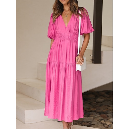 Damen Midikleid Weißes Kleid Strandkleid Elegant Mode Modern Outdoor Urlaub Ausgehen Normale Passform Einfach Kurzarm V Ausschnitt Tiefer V-Ausschnitt Schwarz Weiß Hellgrün Grün Sommer Frühling Image