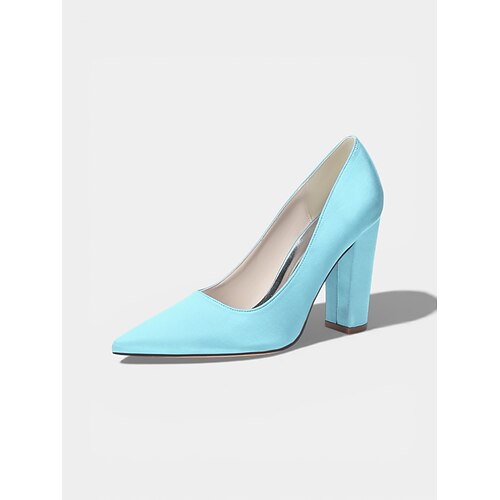 Elfenbeinfarbene Satin-Pumps mit Blockabsatz für Damen, elegante minimalistische Brautschuhe für eine moderne Stadthochzeit Image