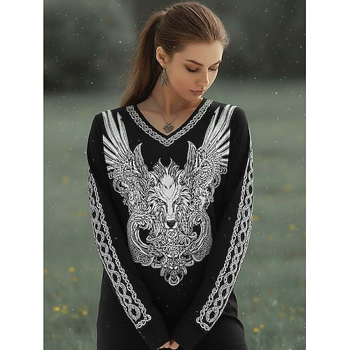 Damen Boho VIKING T-Shirt Graphic Vintage Stylisch Klassisch Langarm V-Ausschnitt Reguläre Tops Täglicher Wochenend Druck Schwarz Sommer Frühling Image