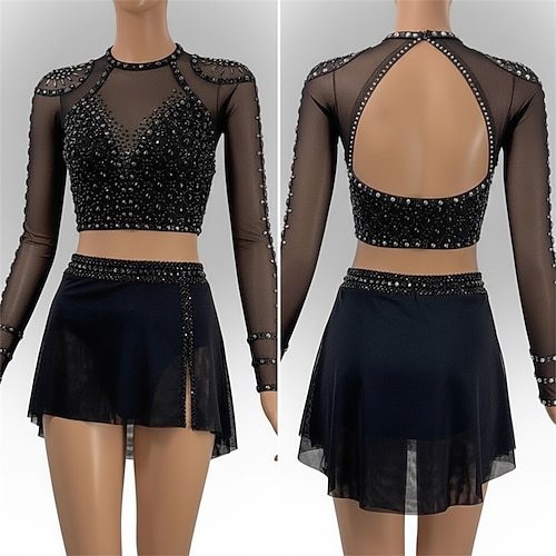 Eiskunstlaufkleid Damen Eislaufen Kleid Schwarz Patchwork Offener Rücken Dehnbar Training Wettbewerb Eiskunstlaufkleidung Klassisch Kristall / Strass Langarm Eislaufen Eiskundstlauf Image