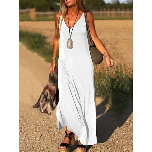 Damen Maxikleid Weißes Kleid Freizeitkleid Westenkleid Unterkleid Elegant Mode Modern Outdoor Urlaub Ausgehen Lässiger Schnitt Einfach Ärmellos V Ausschnitt Blau Schwarz Weiß Armeegrün Sommer Frühling Image