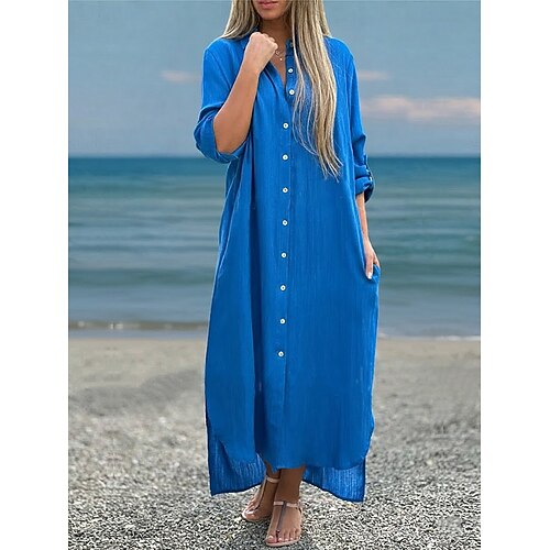 Damen Maxikleid Shiftkleid Lässig Täglich Lässiger Schnitt Einfach Langarm Revers Blau Schwarz Weiß Hellgrün Sommer Frühling Herbst Image