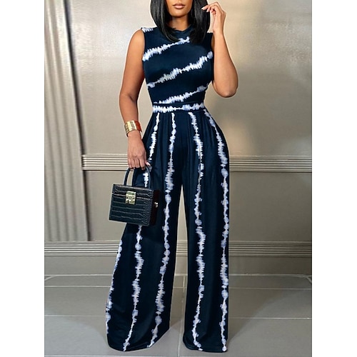 Damen Normal Overall Elegant Blumen Ärmellos Weites Bein Rundhals Druck Täglich Urlaub Normale Passform Blau Schwarz Rosa Sommer Image