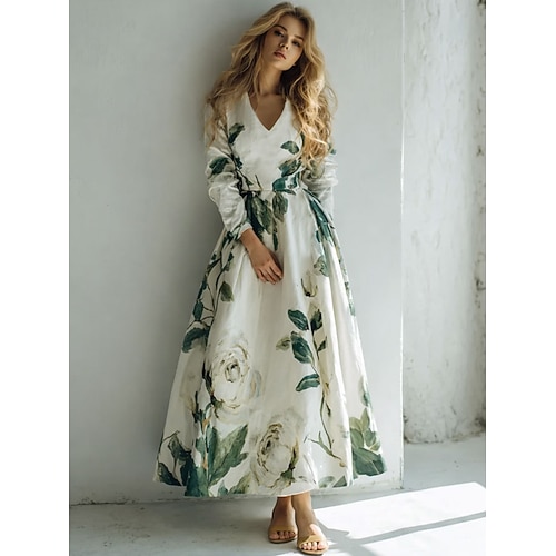 Damen Midikleid A Linie Kleid Urlaub Lässig Normale Passform Blumen Grafik Langarm V Ausschnitt Grün Sommer Frühling Herbst Winter Image