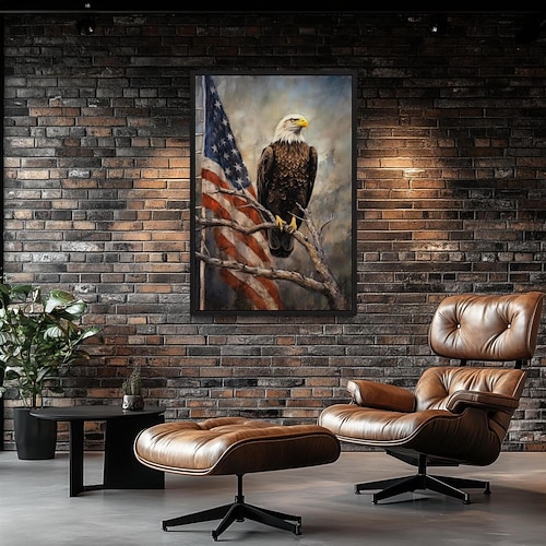 Bald Eagle mit amerikanischer Flagge Wandkunst - Patriotischer Adler auf Ast rustikales Malerei Leinwanddruck - gerahmt oder ungerahmt bereit zum Aufhängen Image