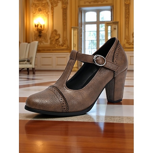 Cremefarbene Mary-Jane-Pumps mit T-Riemen und Brogue-Details für Damen – Absatzschuhe im Vintage-Stil der 1930er für Partys, Hochzeiten und Retro-Outfits Image
