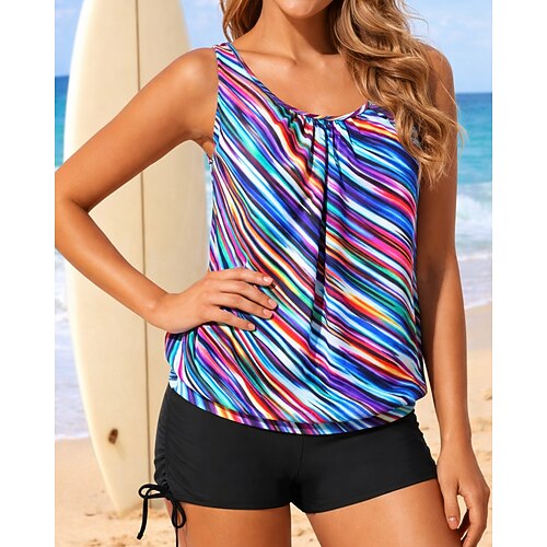 Damen Geraffter Tankini 2 Teile Tropisch UV Schutz Elastisch Ärmellos Bademode Surfen Strand Schwimmen Sommer Image