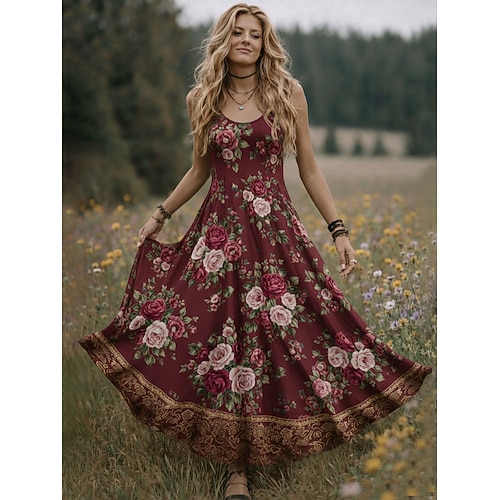 Damen Midi Kleid Boho Lässiges Kleid Swing Kleid Sommerkleid Vintage Strand Reguläre Passform Floral Grafik Ärmellos Rundhals Blau Rot Grün Sommer Frühling Image