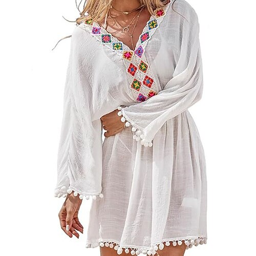 Damen Minikleid Weißes Kleid Strandkleid Überwurf Elegant Mode Klassisch Fledermaus Ärmel Täglich Outdoor Strand Lässiger Schnitt Grafik Einfach Langarm V Ausschnitt Weiß Sommer Frühling Image