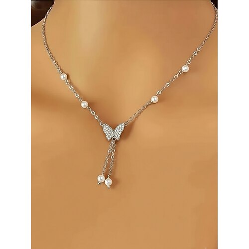 Damen-Halskette mit Schmetterlingsanhänger aus einer Legierung mit Kunstperlen, zartes Y-Ketten-Design, in Gold- und Silbertönen erhältlich, eleganter minimalistischer Stil, perfekt für den Alltag, lässige Outfits und zum Kombinieren. Image