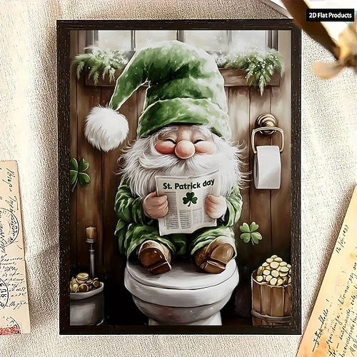 Badezimmerdekoration zum St. Patrick's Day mit Leprechaun - Rahmenloses irisches Leinwandgemälde - Lustige Toilettendekoration mit Nahaufnahme Irish Pub Hauseinweihung - Perfide Geschenkidee für St. Image