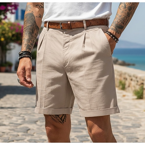 Herren Shorts Leinenshorts Schicke Shorts Sommershorts Plissee-Shorts Elastischer Bund Gerader Schnitt Einfach Einheitliche Farbe Komfort Atmungsaktiv Knielang Täglich Outdoor Streetwear Mode Image