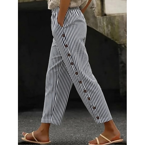 Damen Leinenhosen Hose Freizeithose Sommerhose Urlaub Mode Basic Volle Länge Mittlere Taille Einfach Gestreift Seitentaschen Komfort Unelastisch Ferien Alltagstauglich Hellgrau Braun und Wei Image