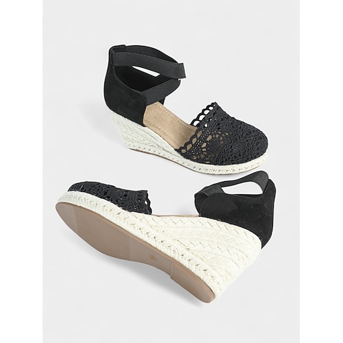 Espadrille-Keilsandalen aus Häkelspitze für Damen – Plateauschuhe im Vintage-Stil mit geschlossener Spitze und Knöchelriemen, ideal für Strandhochzeiten im Sommer und Gartenpartys Image