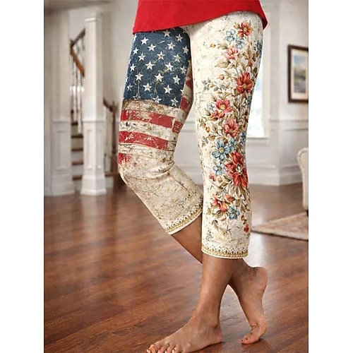 Unabhängigkeitstag patriotisches Shirt Damen Capri-Hosen Leggings Urlaub Hawaiianisch Stilvoll knielang Mittlere Taille Hosen Grafik Nationalflagge Komfort Elastisch Urlaub Formal Street Blau Weiß Image