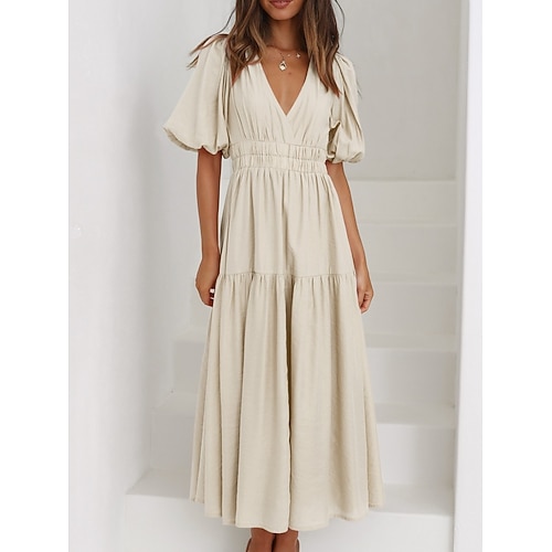 Damen Midikleid Weißes Kleid Strandkleid Elegant Mode Modern Outdoor Urlaub Ausgehen Normale Passform Einfach Kurzarm V Ausschnitt Tiefer V-Ausschnitt Schwarz Weiß Hellgrün Grün Sommer Frühling Image