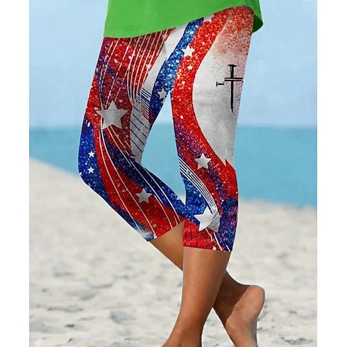 Unabhängigkeitstag Patriotische Damen Capri-Hosen Leggings Urlaub Hawaiian Stilvolle Capris Mittlere TailleHosenGrafik Abstrakt Komfort Elastisch Urlaub Formal Straße Weiß Rot Slim Fit Image