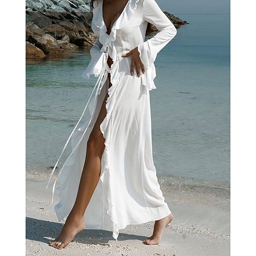 Damen Badeanzug Überwurf Bademode Rüsche Urlaub Strandbekleidung Einfach V Ausschnitt Langarm Badeanzüge Image