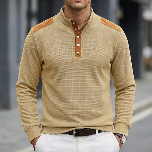Herren Waffel-Henley-Hemd T-Shirt Langarm Einfarbig Einfach Mode Designer Sportlich Farbblock Knöpfe Henley-Kragen Henley Lässig Täglich Outdoor Sommer Frühling Herbst Schwarz Rosa Weiß Henley T-Shirt Image