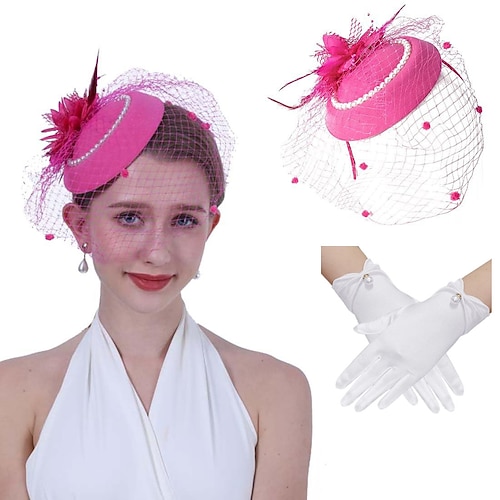 1950er Retro Vintage Handschuhe Halskette Fascinator-Hut Dame Kostüm Damen Maskerade Ascot Pferderennfestival Erwachsene Kopfschmuck Ganzjahres Image