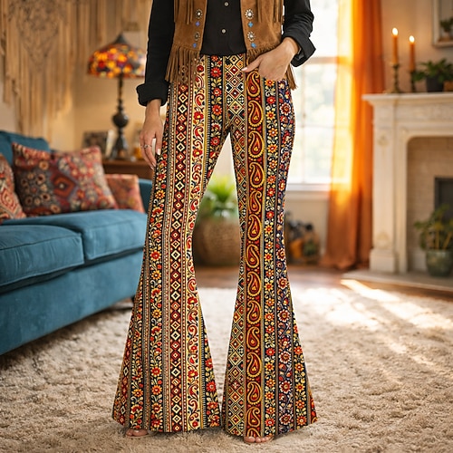 Retro Vintage Boho 1970er Hose Hose mit weitem Bein Hippie Disco Hohe Taille Gestreift Ethnisch Kostüm Damen Maskerade Musikfestival Party Pride Parade Erwachsene Hose Image