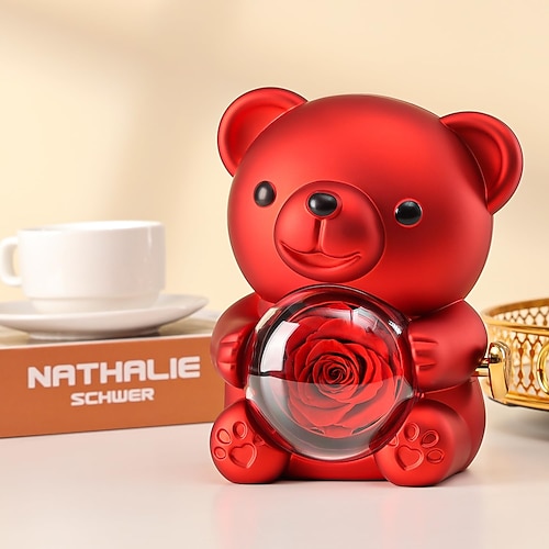 Niedlicher Teddybär mit konservierter Rose – eine echte Rose im Bären, verpackt in einer eleganten Geschenkbox – ein romantisches Geschenk für sie zum Muttertag, zur Hochzeit, zum Jahrestag oder zur Image