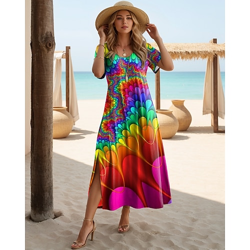 Damen Midikleid Sommerkleid A Linie Kleid Urlaub Lässig Boho Schmetterling Urlaub Ausgehen Normale Passform Blumen Grafik Regenbogen Kurzarm Rundhalsausschnitt Blau Rot orange Violett Purpur Sommer Image