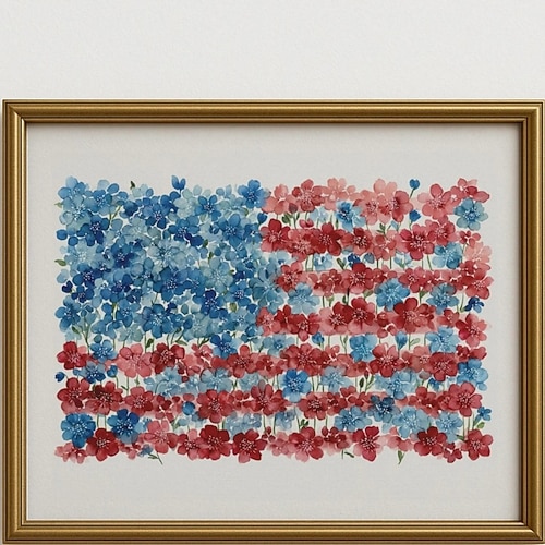Rustikaler floraler amerikanischer Flaggen-Druck - Aquarell patriotische Wandkunst Cottagecore Bauernhaus Dekor festliches botanisches Gemälde Image