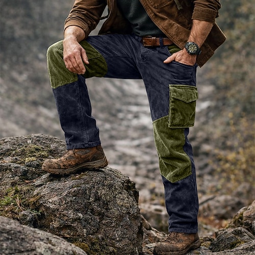Herren Cargo-Hosen Hose Cordhose Hose aus Wildlederimitat Freizeithose Patchwork Tasche Elastischer Bund Farbblock Einfach Komfort Weich Volle Länge Lässig Täglich Outdoor Urlaub Mode Schwarz Image