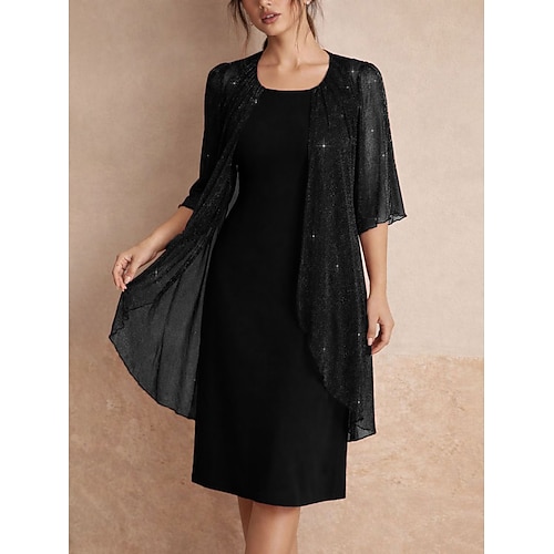 Damen Minikleid Etui-Kleid Elegant Party Cocktail Outdoor Party Hochzeitsgast Patchwork Funkelnder Tüll Normale Passform Einfarbig Dreiviertelarm Rundhalsausschnitt Schwarz Rosa Rote Image