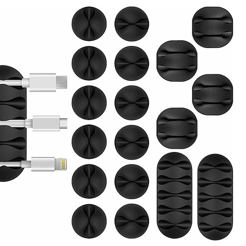 18-teiliges schwarzes, selbstklebendes Kabelorganizer-Set mit Ladekabelhalter und Kabelmanagement-Clips für Nachttische, Schreibtische, Büros oder die Maus Image