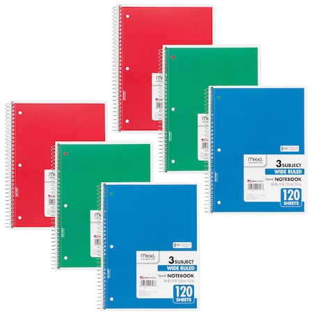 MEAD MEA05746 Spiral 3 Subject Notebook, Wide Ruled, 180 Sheets Per Book, PK6